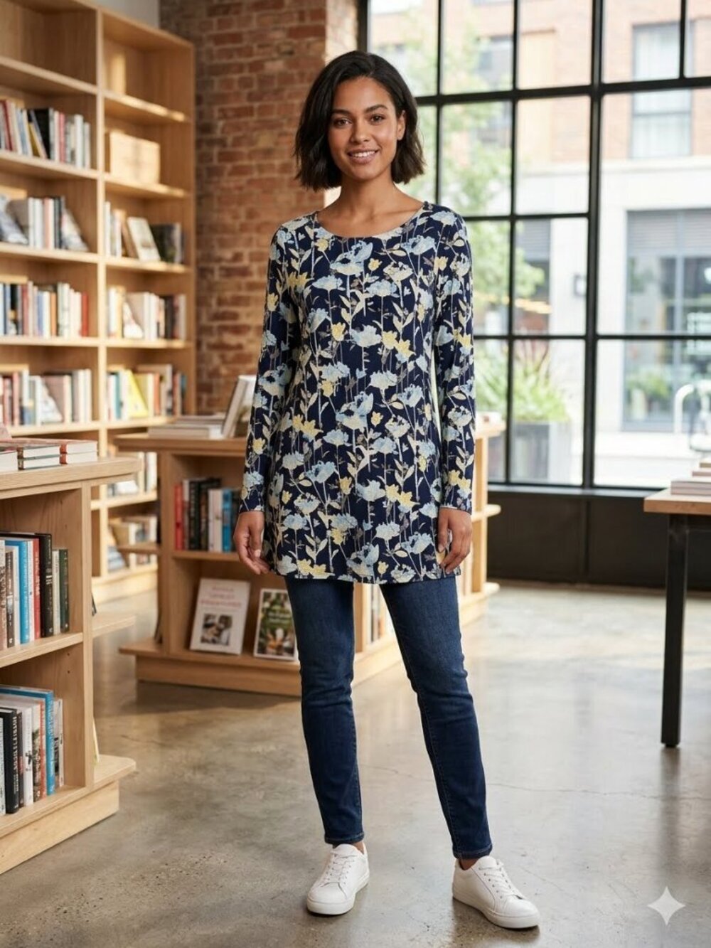 Pure Jill Size M Floral Print Long Sleeve Kangaroo Pocket Cotton Blend Tunic